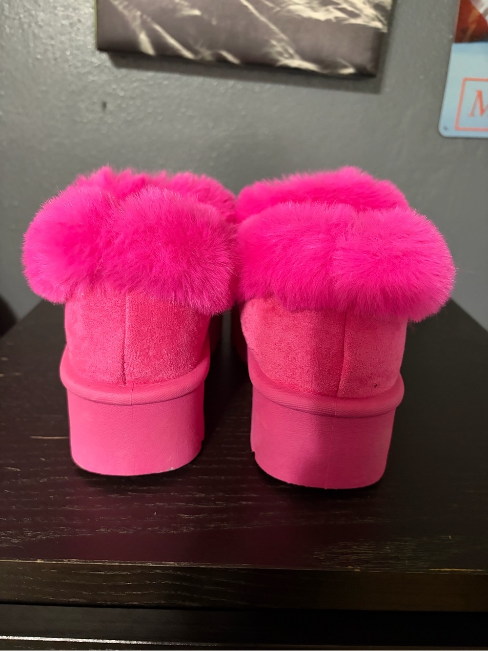 Hot Pink Platform Fur Slip-On Mules with Jewel Accents - Picture 2 of 8